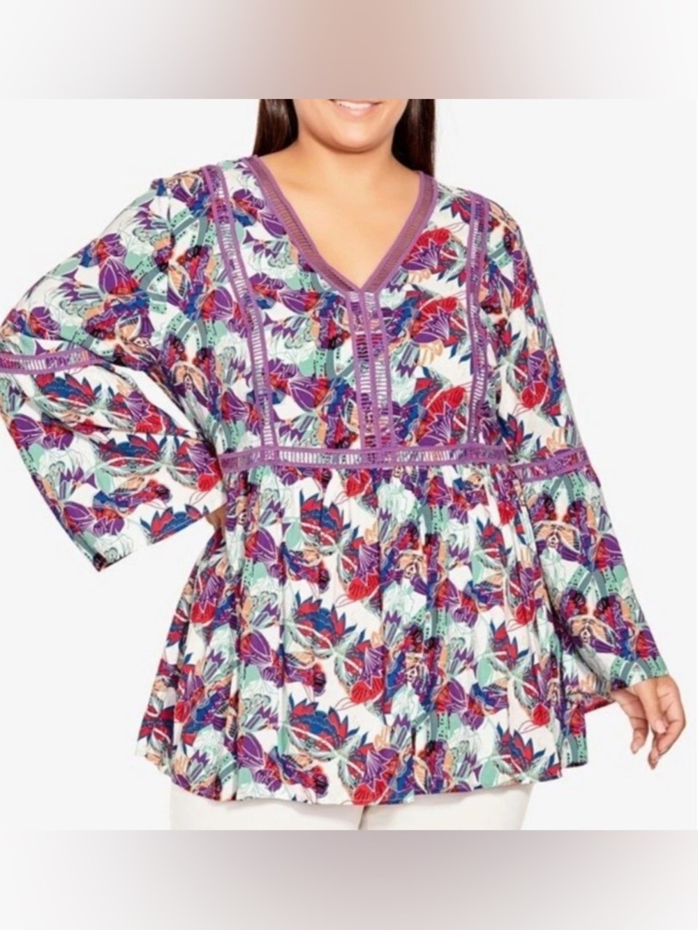 Avenue Women’s Floral Print Boho Top SZ 20 Plus Size Bell Sleeves Festival